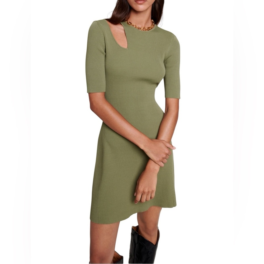 Maje Olive Green Ribbed Mini Dress with Cutout